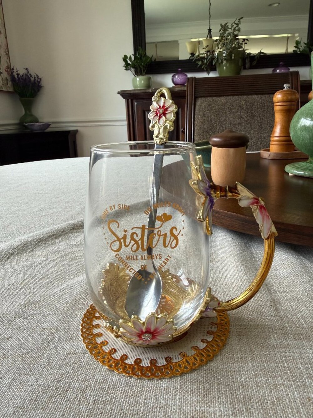 Sisters Floral Glass & Enamel Coffee/Tea Mug with Matching Spoon & Coaster, Gift